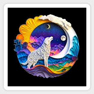 Great Pyrenees Dog Nature Crescent Moon Stars Mountains Art Digital Painting Sticker